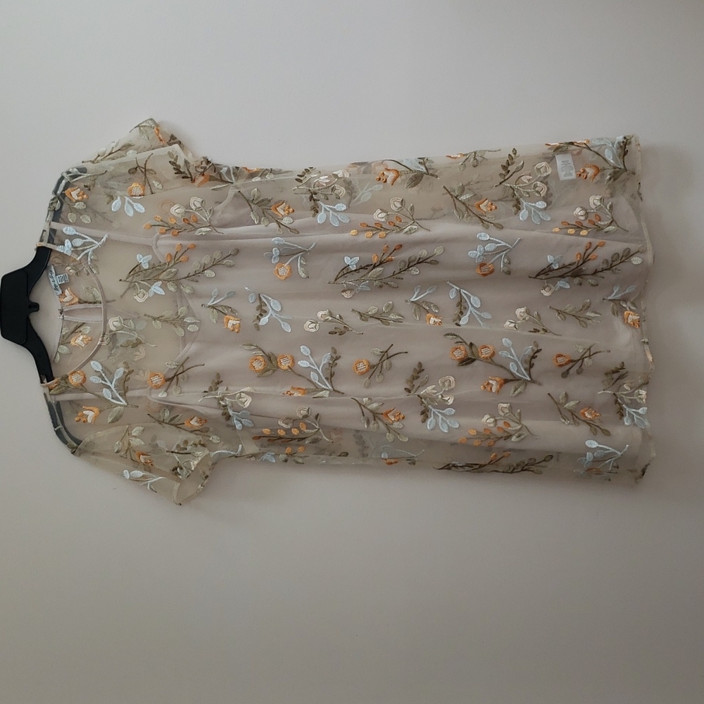 Grey & Gray Floral Embroidered Mesh Overlay Mini Dress in Tan, Size 14